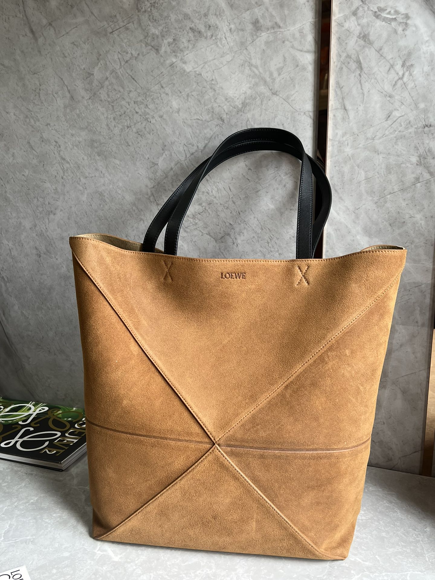 Loewe XL Puzzle Fold Tote in Suede Calfskin Brown